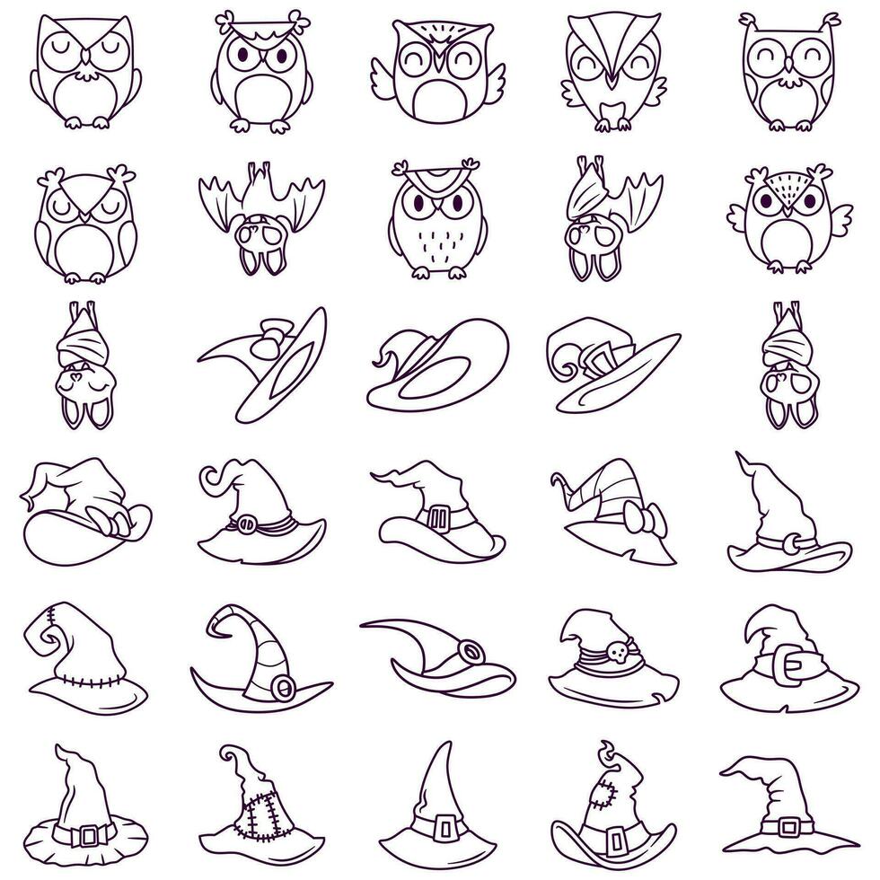 Free vector collection of line art illustrations for Halloween theme stickers, owls, witch hats and bats