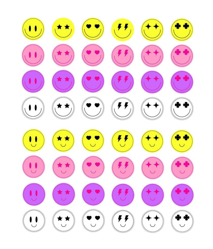 y2k style smiles, 00s smiles, 2000s design smiles, psychedelic smile colored and black isolated on white background vector