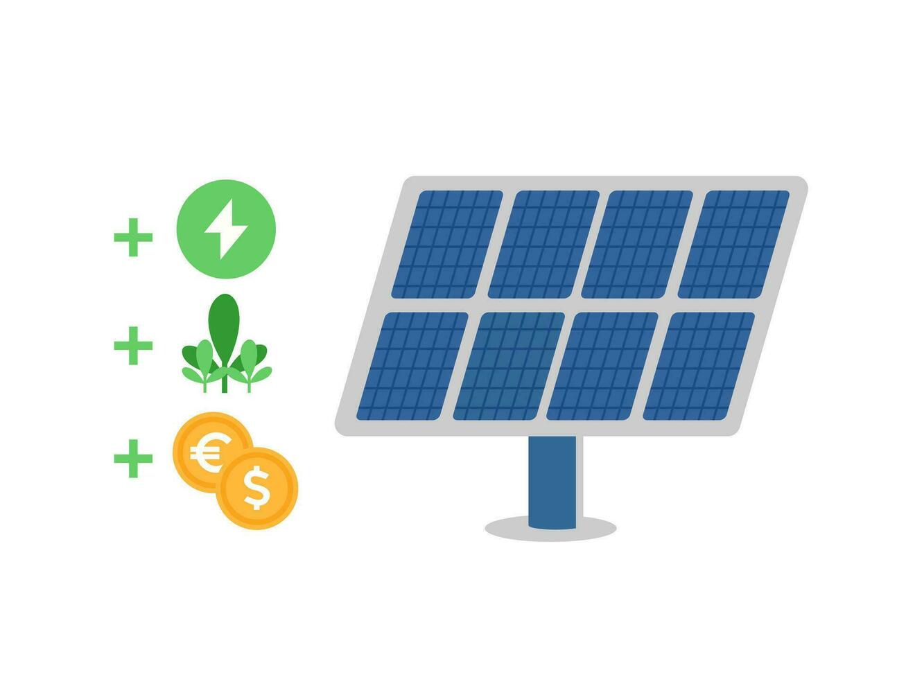 Benefits of using pv panels. Pv cell panels for sustainable energy, sustainable climate and saving money concept. Vector illustration.