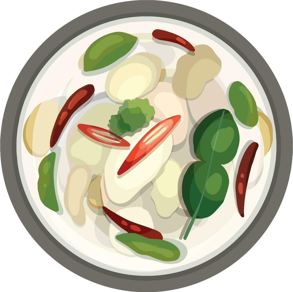 Tom Kha Gai Thai Coconut Chicken Soup Illustration. Top View Thai Food Illustration Vector. vector