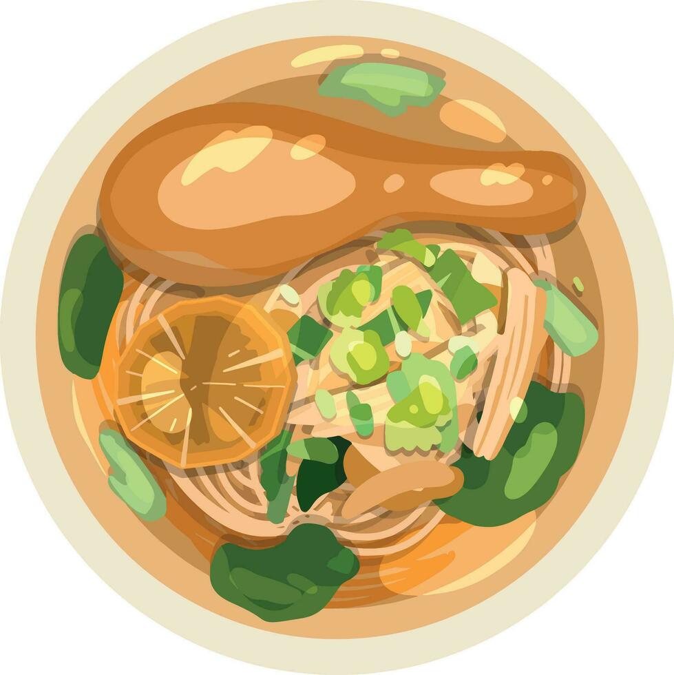 Thai Chicken Noodle Soup. Top View Thai Food Illustration Vector. vector