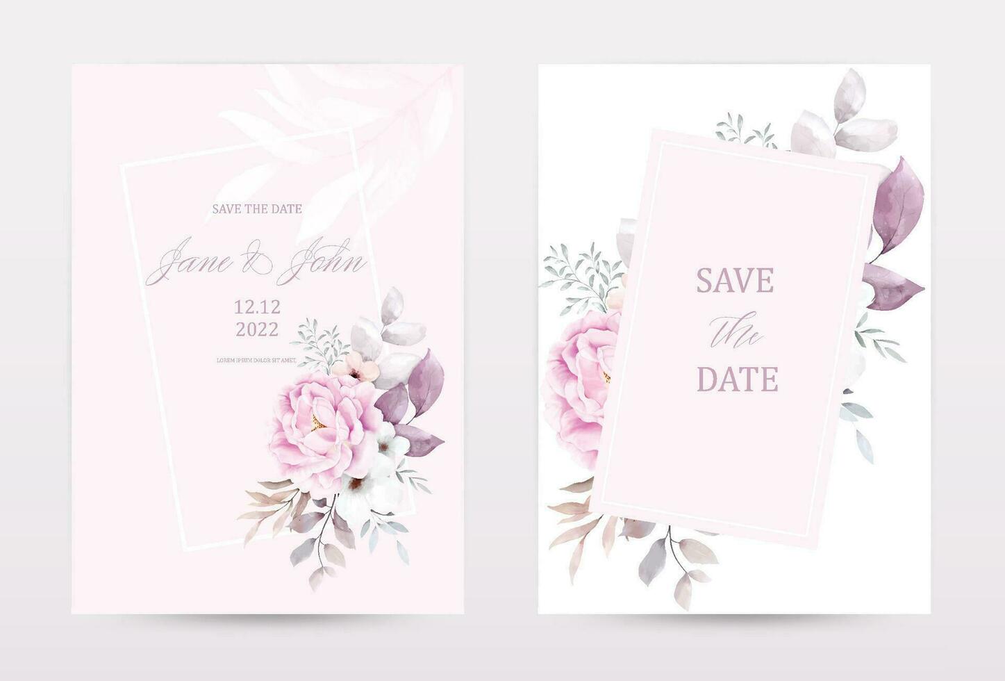 Watercolor pink rose flowers invitation template cards set vector
