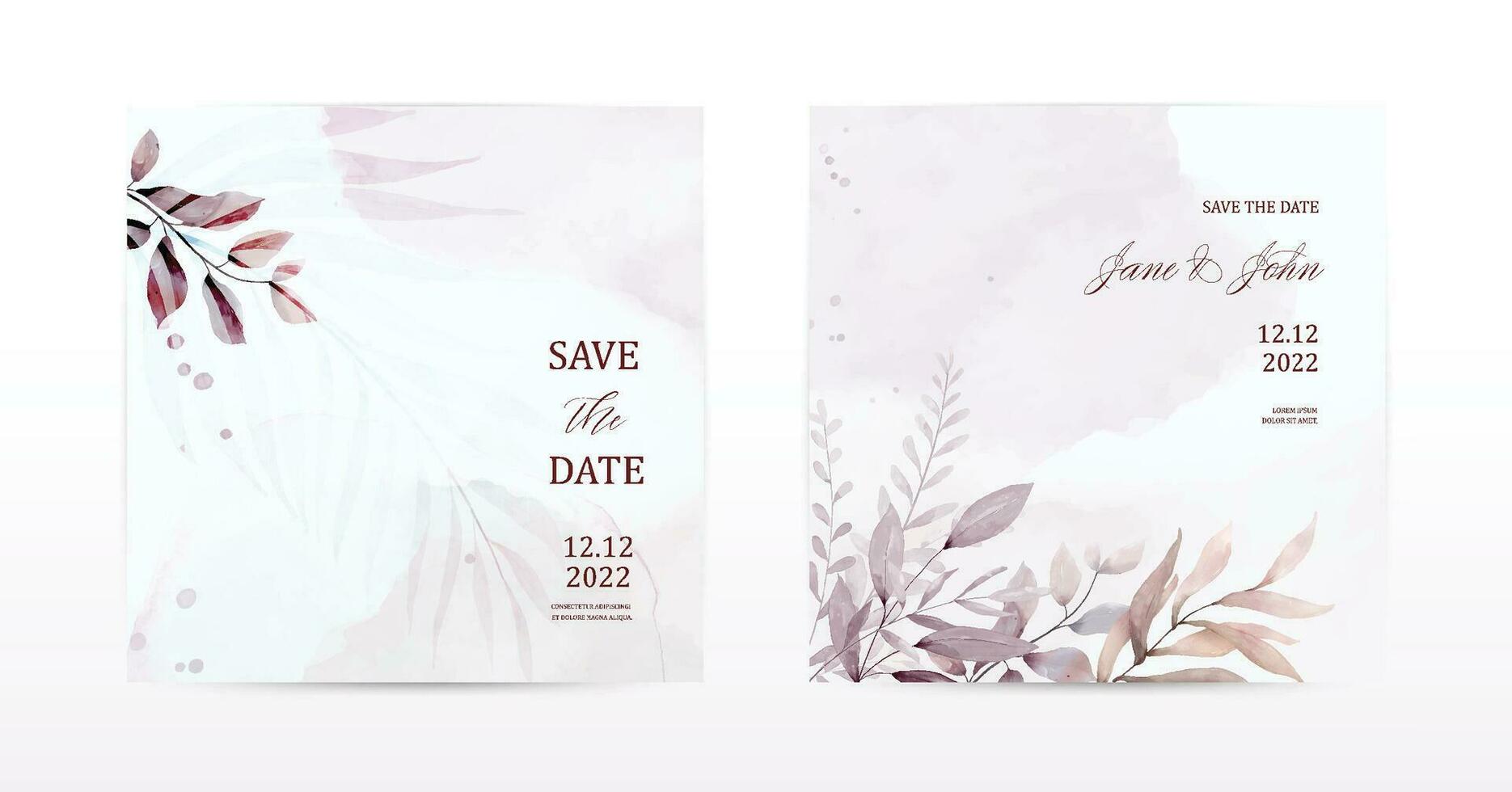 Set of square cards designed with leaves and stains of watercolor vector