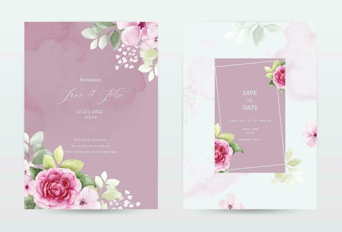 Rose watercolor invitation pink template cards set vector