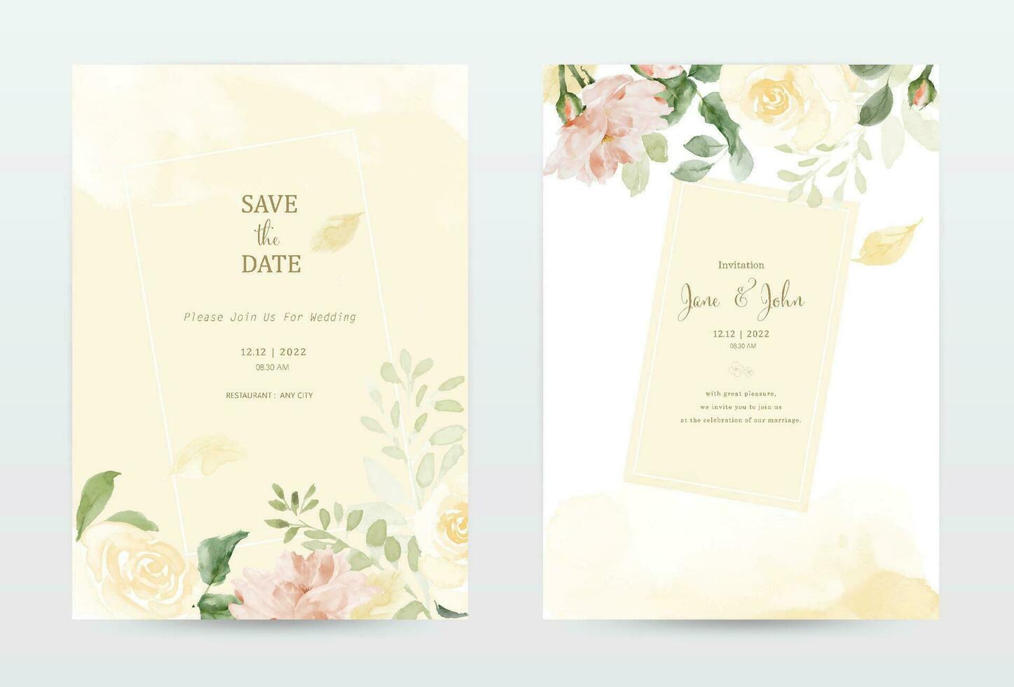 Rose watercolor invitation of yellow template cards set vector