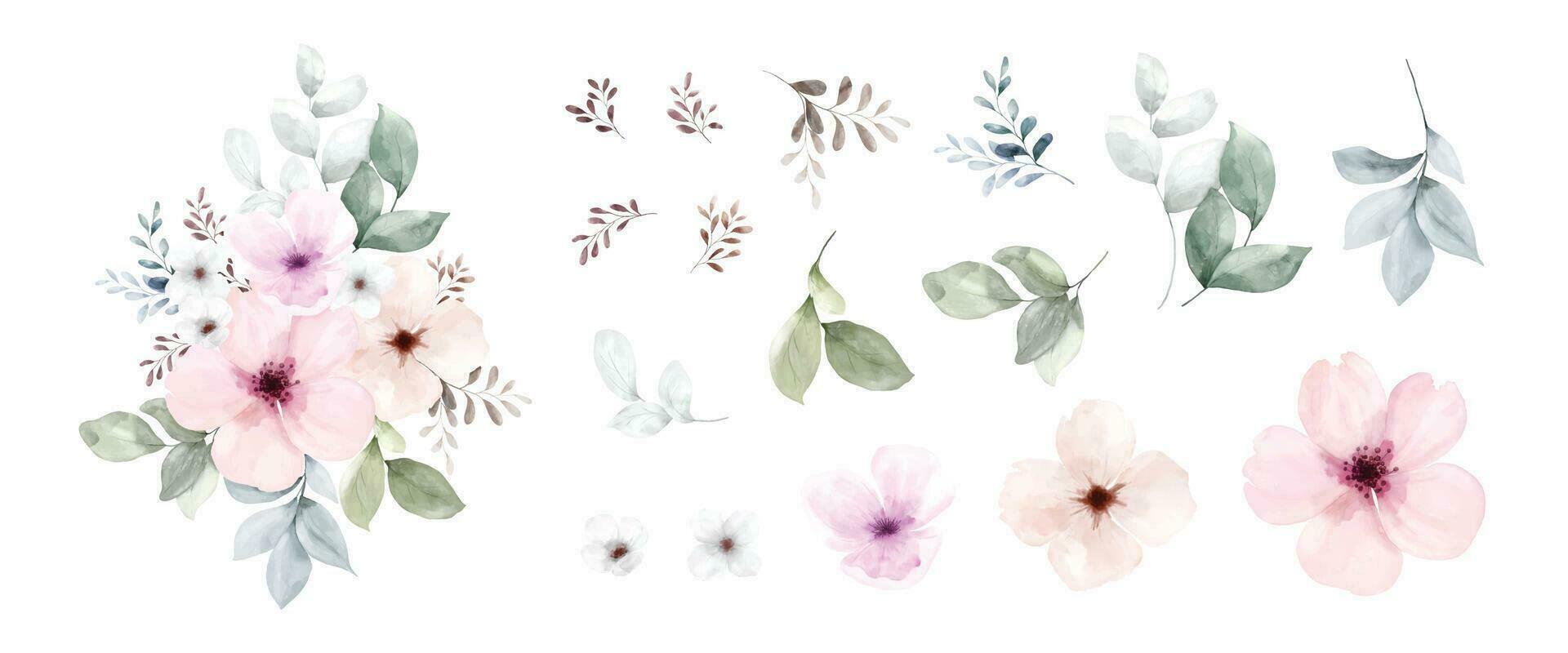 Set of floral bouquet and leaves watercolor elements vector