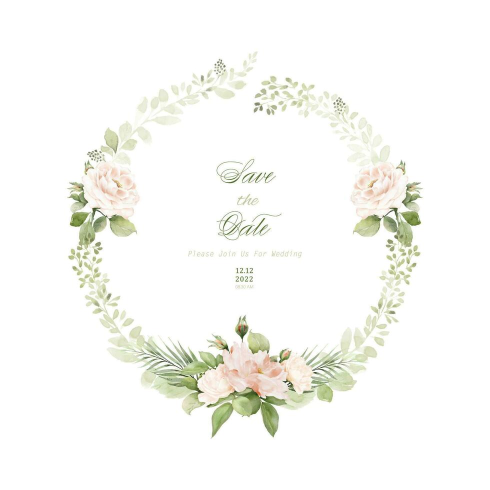 Watercolor wreath frame design with roses and leaves vector