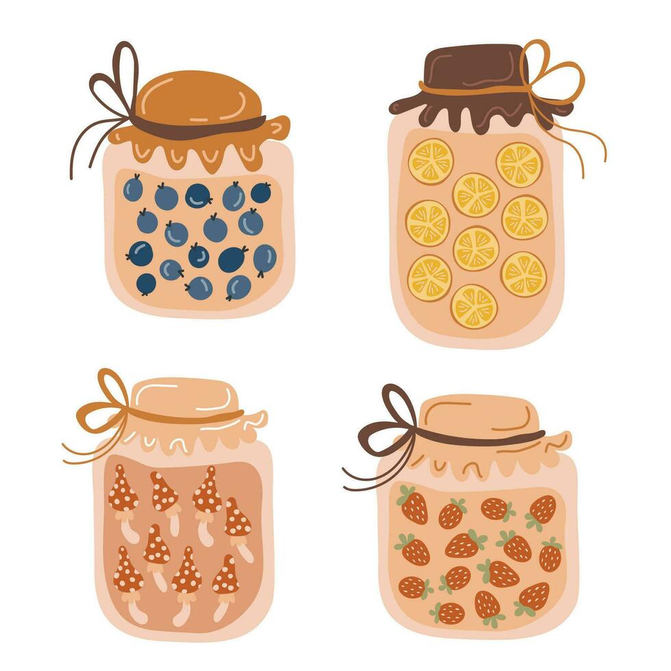 Jar with jam blueberries, lemon, strawberries, mushrooms. Hand drawing. Set of elements. Vector illustration