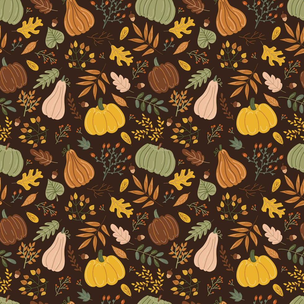 Pumpkins and leaves. Autumn print on a dark background. Hand drawing. Simple pattern. Vector illustration