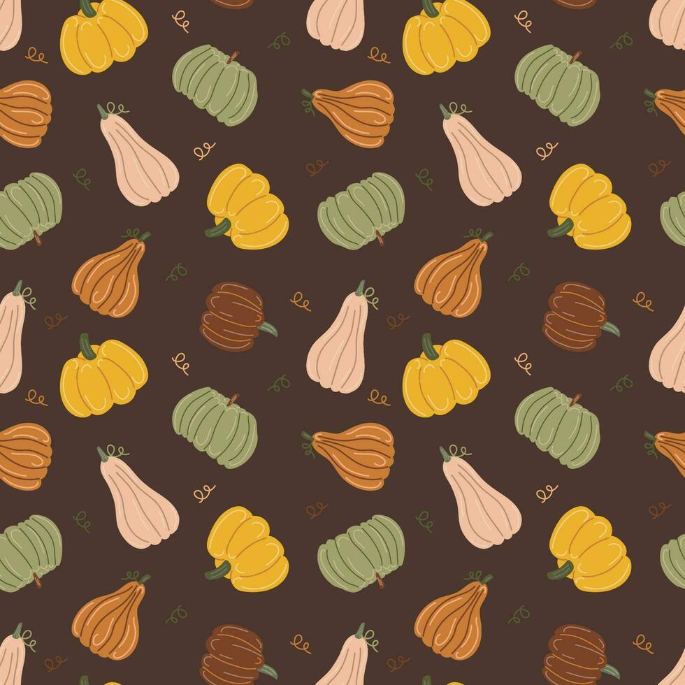 Pumpkins. Autumn print on a dark background. Hand drawing. Simple pattern. Vector illustration