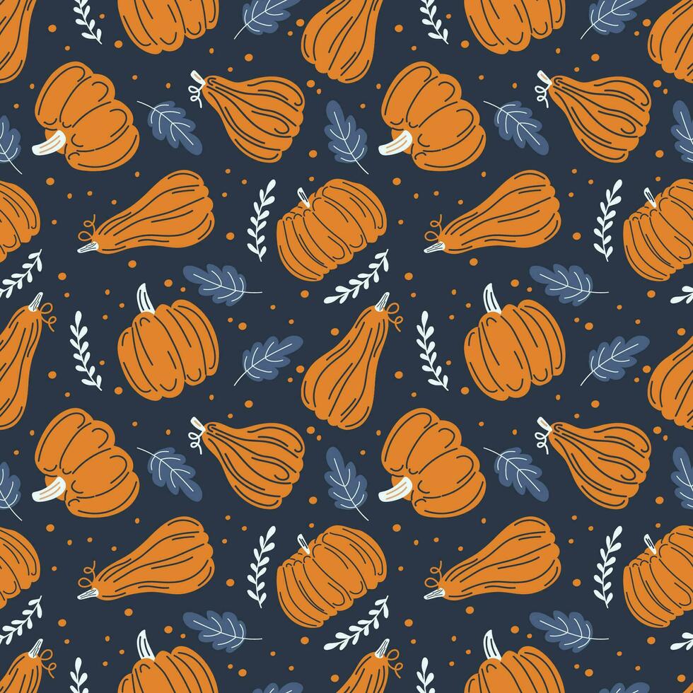 Pumpkins. Autumn print on a dark background. Hand drawing. Simple pattern. Vector illustration