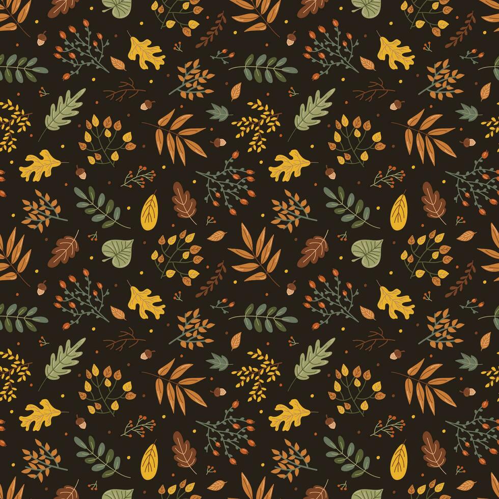 leaves and branches. Autumn print on a dark background. Hand drawing. Simple pattern. Vector illustration