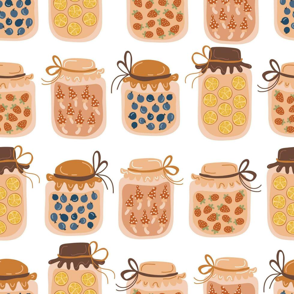 Jars with strawberry, blueberry, lemon, mushroom jam. Hand drawing. Simple pattern. Vector illustration