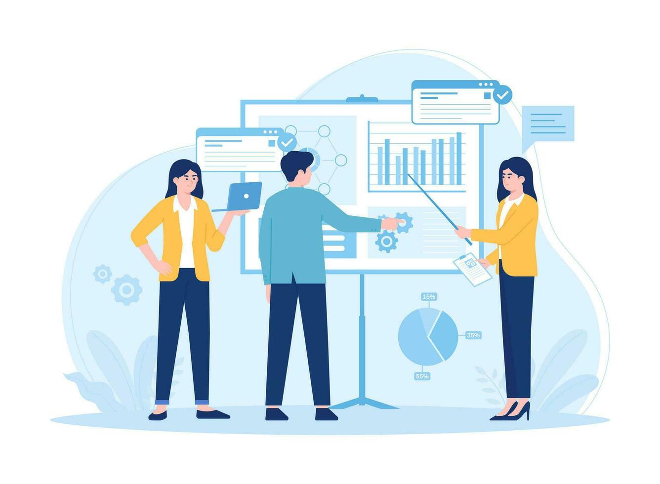 Teamwork analyzing business growth charts concept flat illustration vector