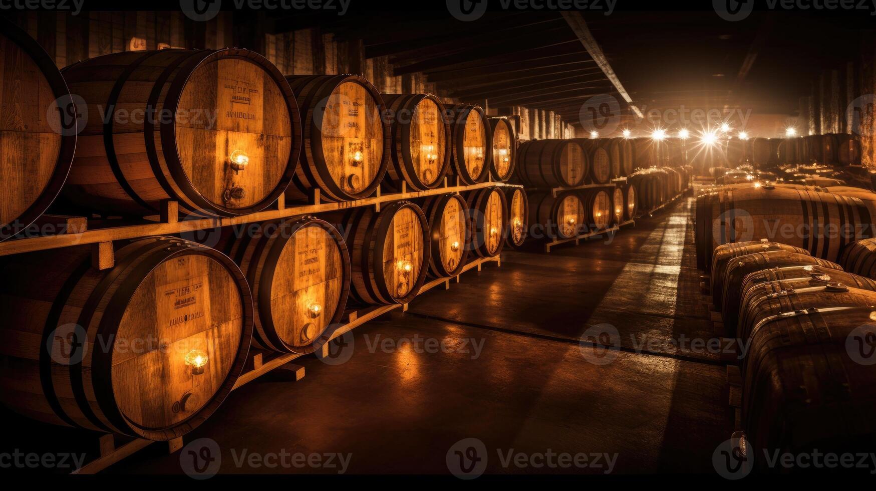 Oak barrels for beer fermentation in breweries. generative ai 28295511