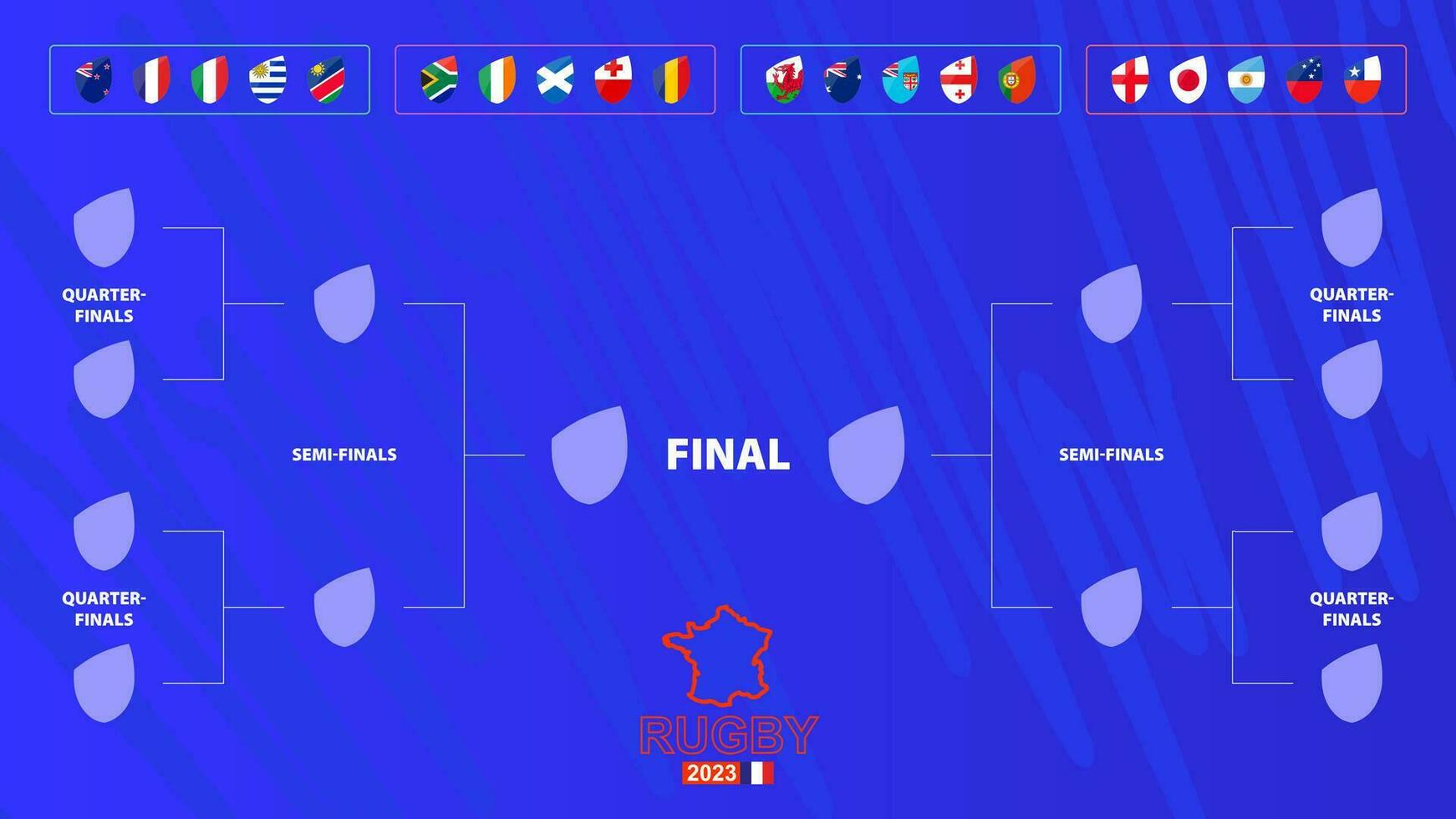 Rugby tournament bracket with flags of groups participants. Rugby competition 2023 schedule on abstract background. vector