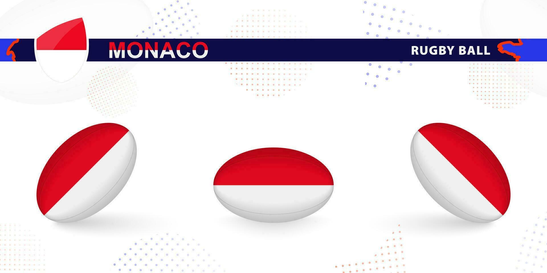 Rugby ball set with the flag of Monaco in various angles on abstract background. vector