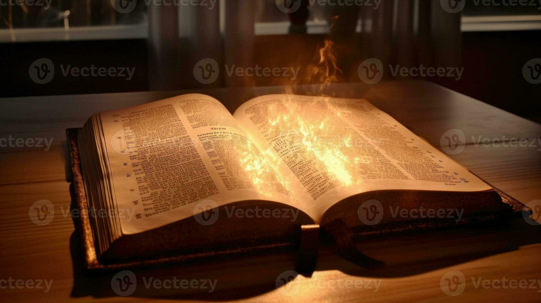 Bible,  Shining Holy Bible on the wooden table. Generative Ai photo