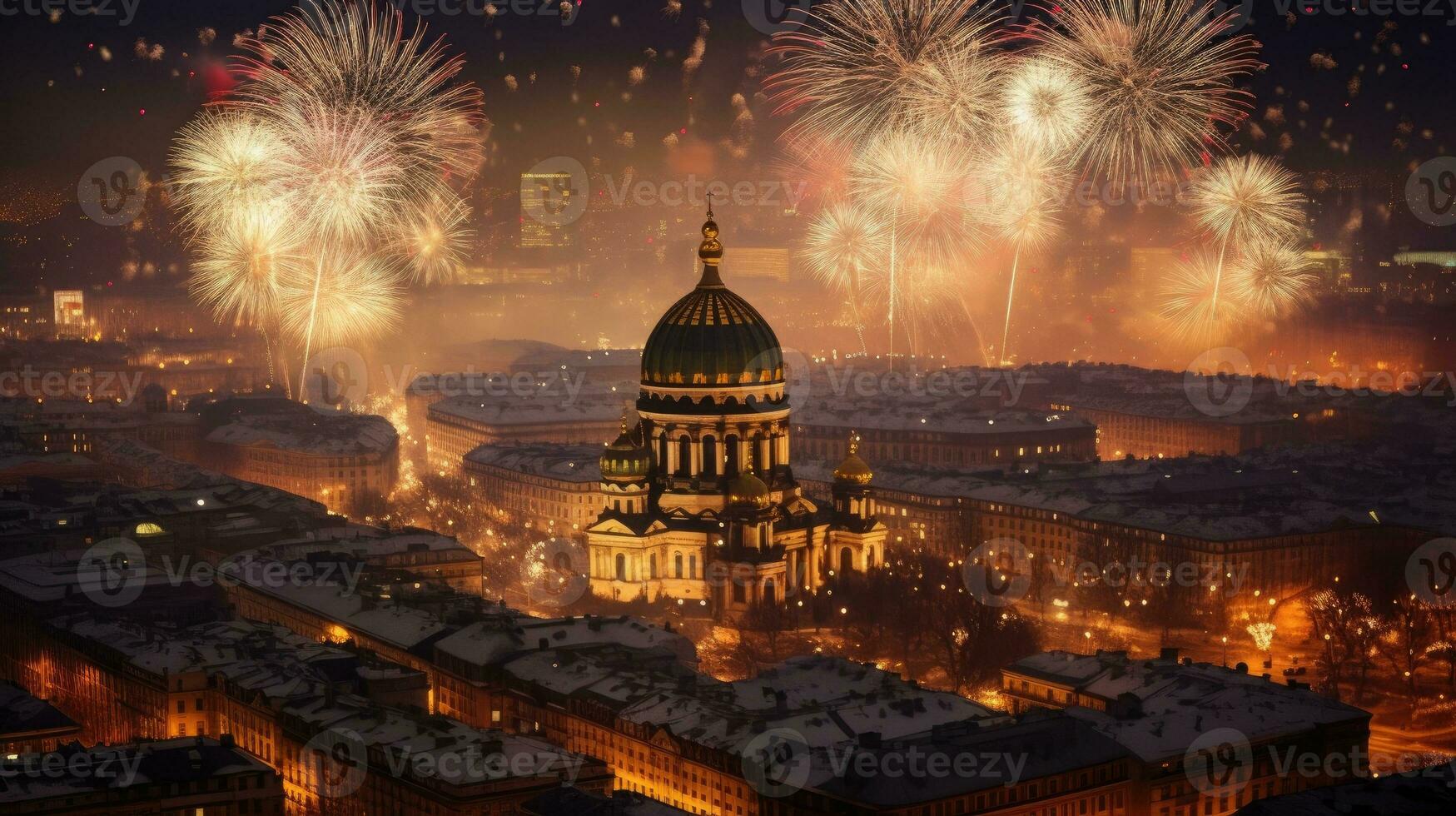 Happy new year in the capital there are fireworks in the sky at night. Generate Ai photo