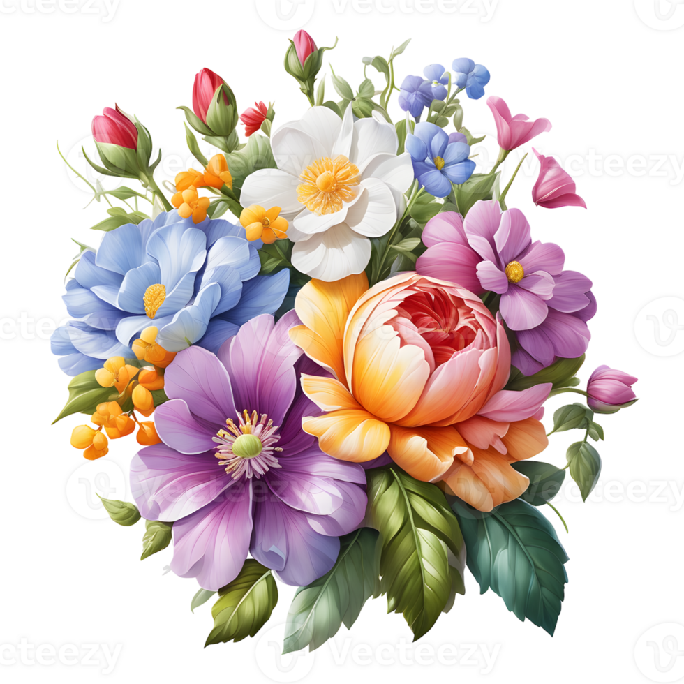 Multicolor Realistic Digital Painted Fower Bouquet, Generative AI png