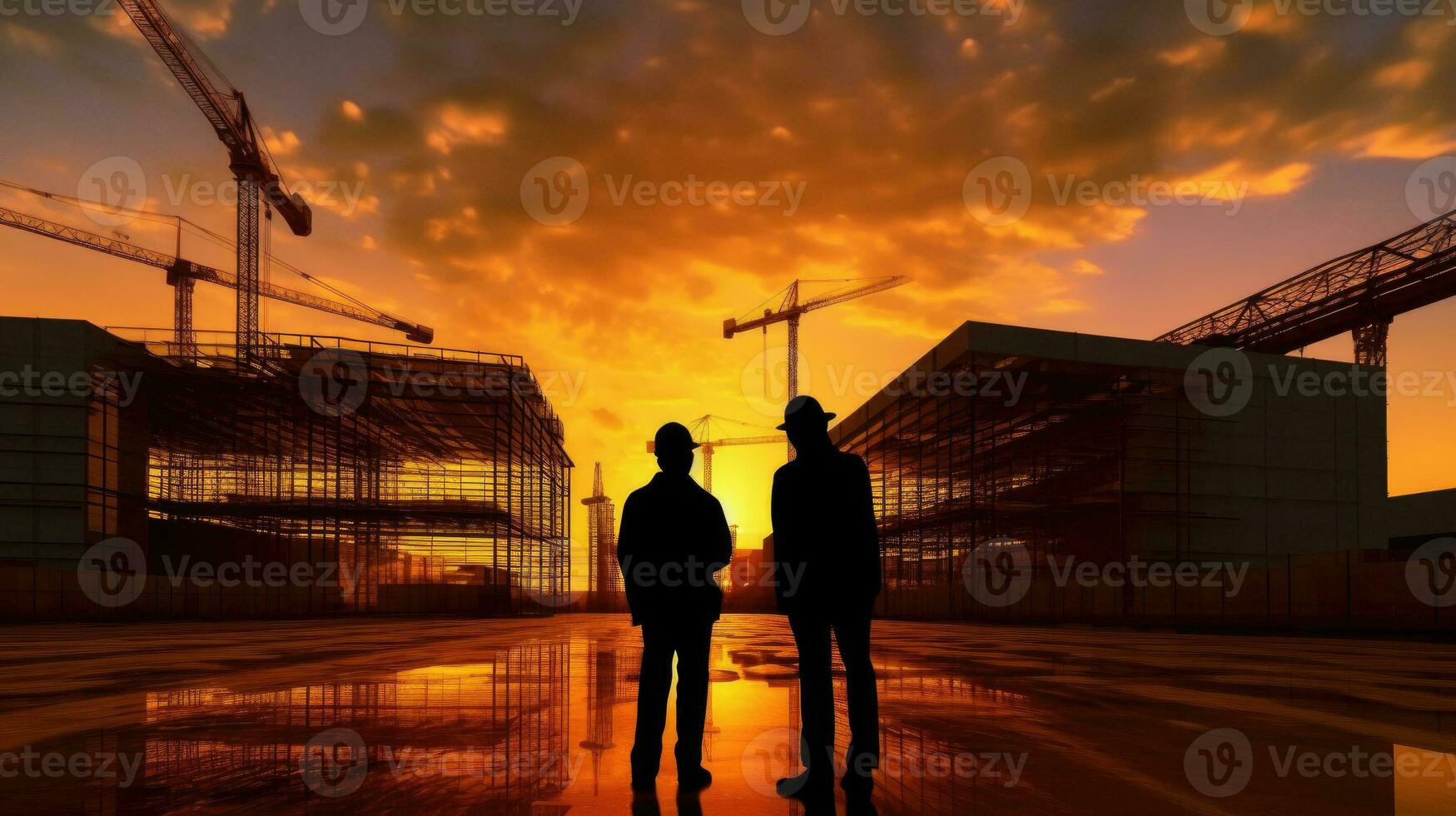 Silhouette of Architect and Civil engineer inspection infrastructure at construction site. Generative Ai photo