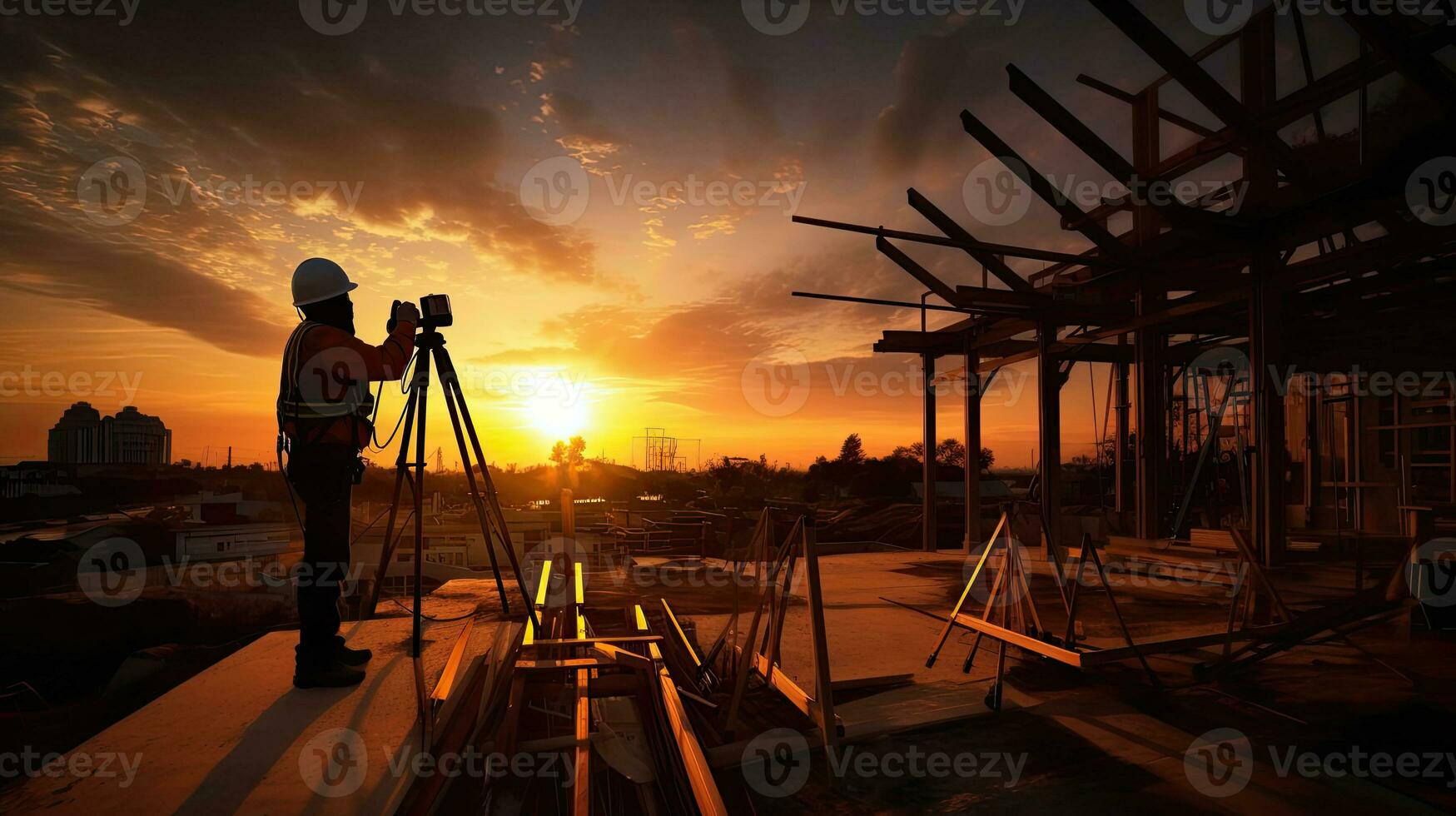 Silhouette of Engineer standing orders for construction crews to work on high ground heavy industry and safety concept. Generative Ai photo