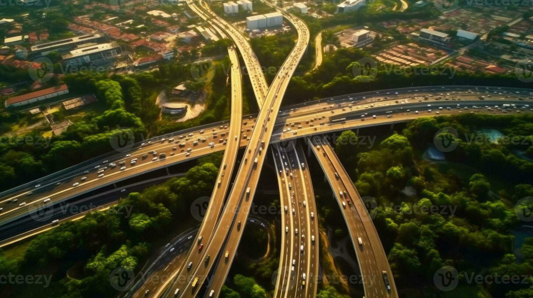 Aerial view of car traffic on multi lane highways or expressways, traffic in roundabouts is part of everyday life. Generative Ai photo