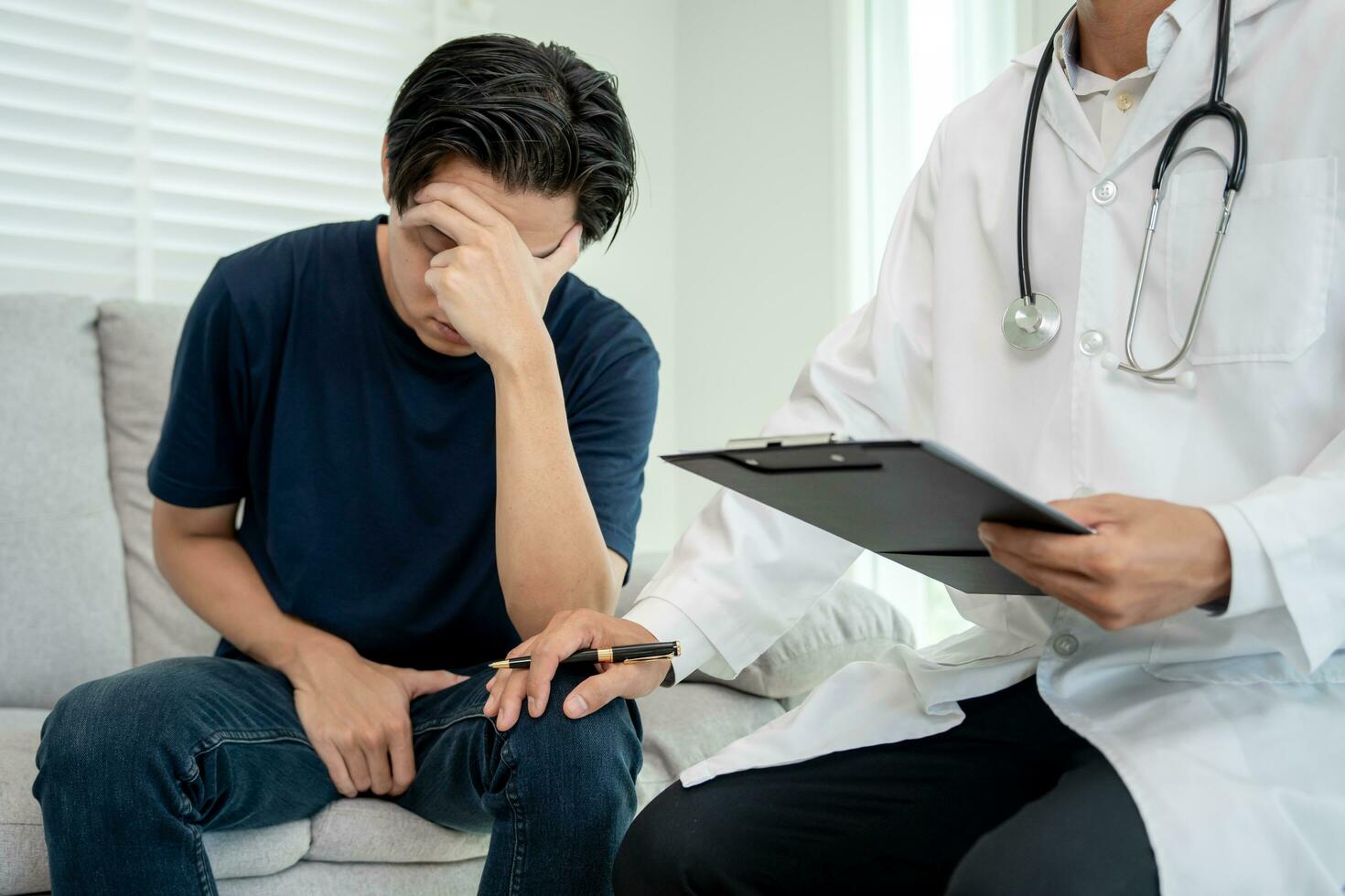 Man hold hand in front of private parts feeling discomfort and consult doctor. Venereal, testicular cancer. bladder problems, erectile dysfunction, premature ejaculation, prostate cancer photo