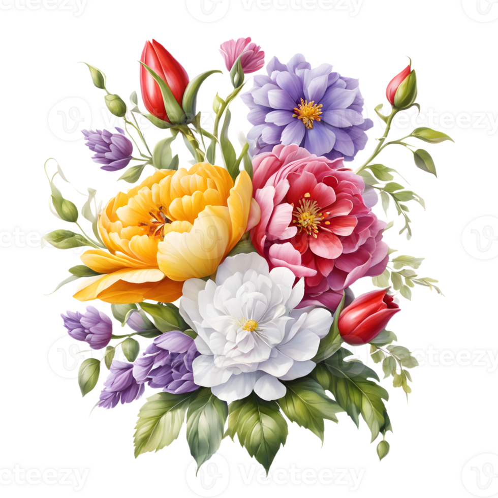 Multicolor Realistic Digital Painted Fower Bouquet, Generative AI png