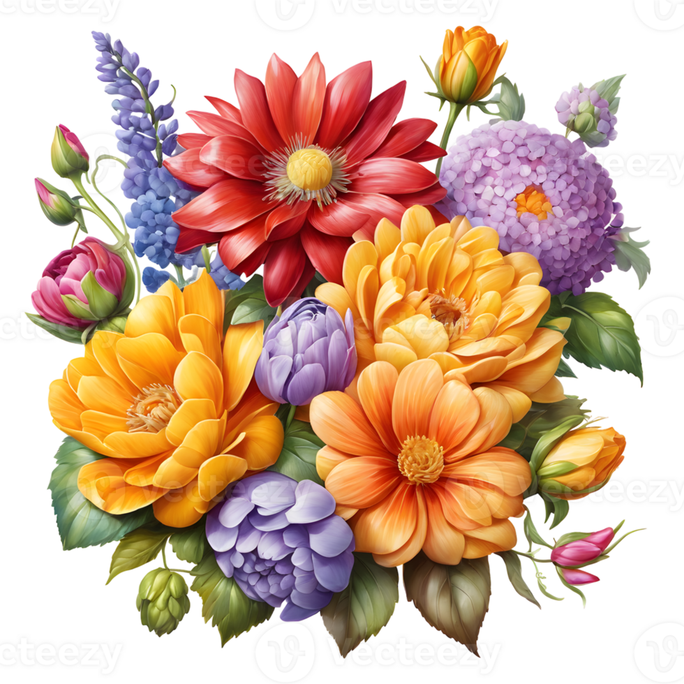 Multicolor Realistic Digital Painted Fower Bouquet, Generative AI png