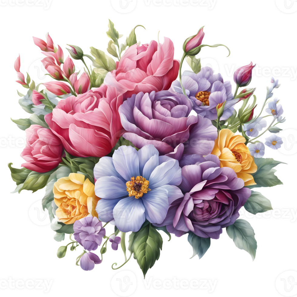 Multicolor Realistic Digital Painted Fower Bouquet, Generative AI png