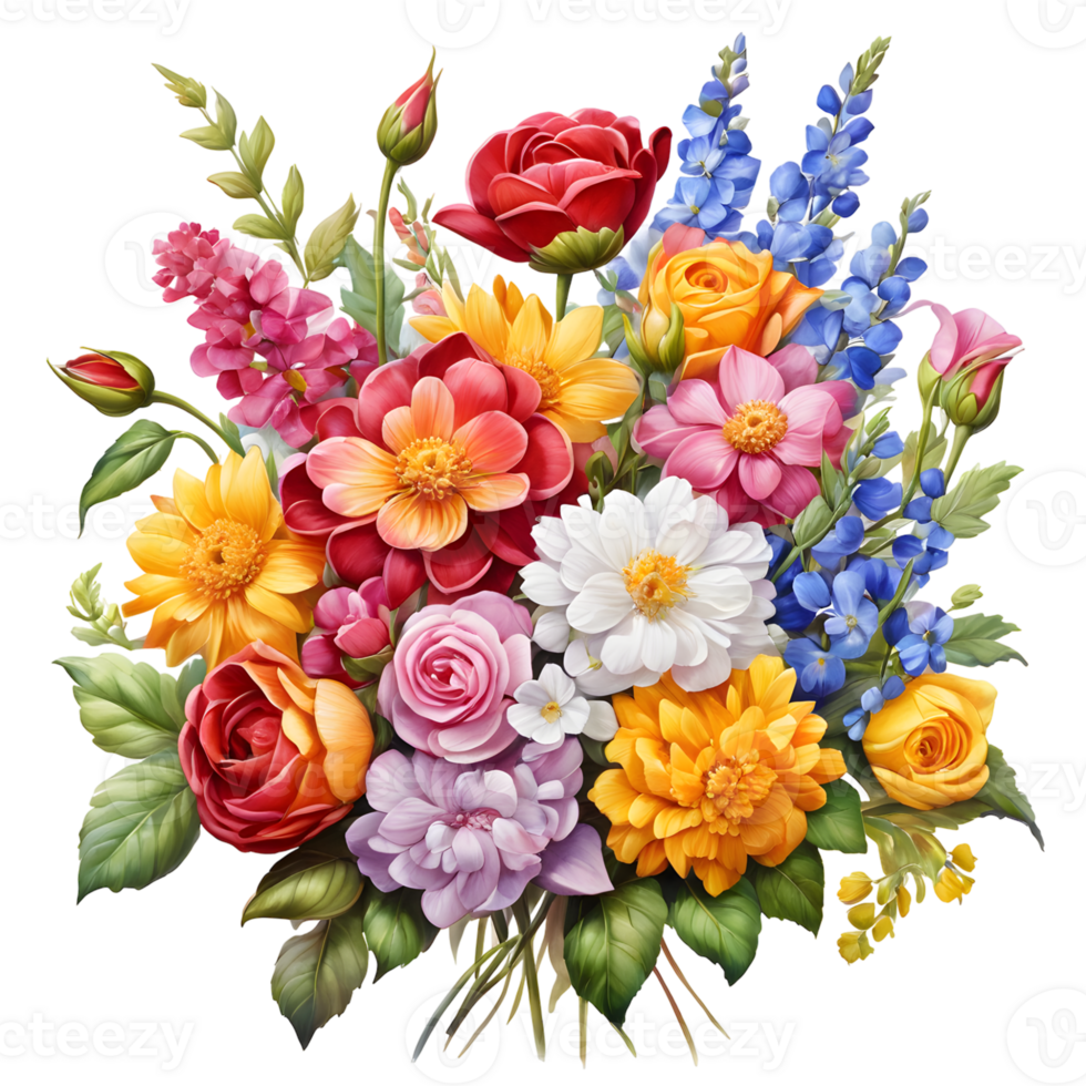 Multicolor Realistic Digital Painted Fower Bouquet, Generative AI png