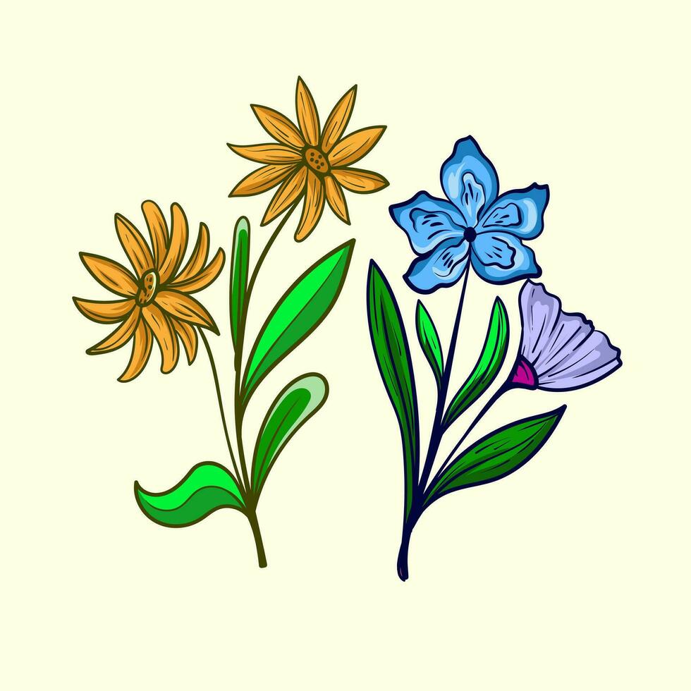 floral collection with leaves and flowers,drawing watercolor small flower. Botanical illustration minimal style. vector