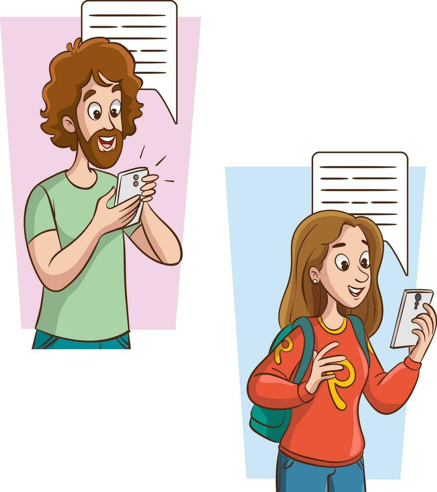 joven hombre y mujer con teléfonos inteligentes enviar mensajes de texto vector ilustración en dibujos animados estilo.