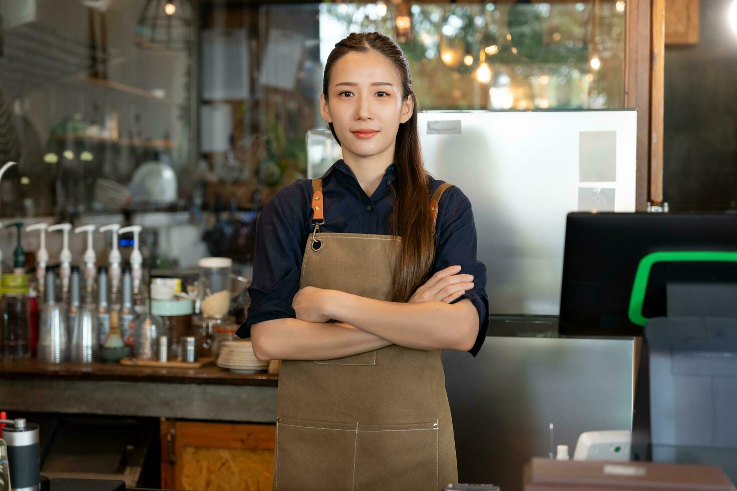 Business woman owner open on the first day of business. guarantees safety, cleanliness, open the coffee shop. open for New normal. Small business, welcome, restaurant, home made photo