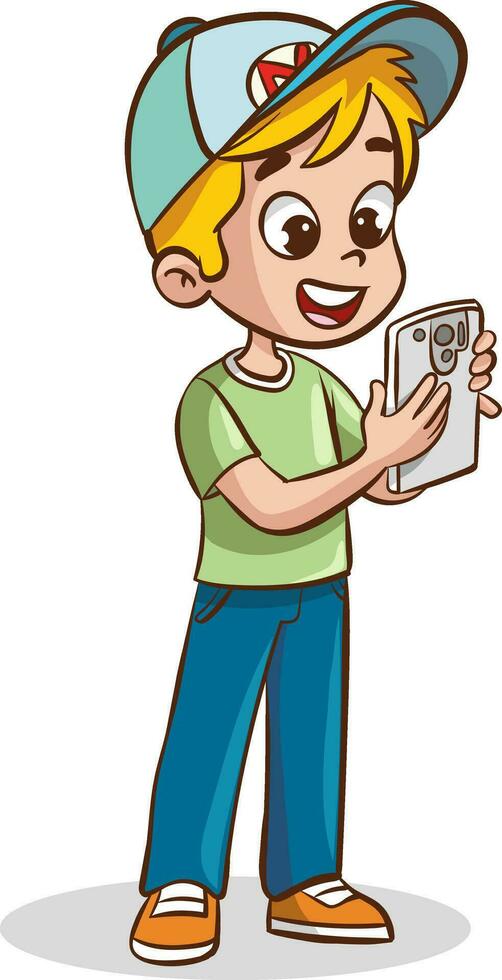 Cartoon boy taking a selfie with a smartphone. Vector clip art illustration with simple gradients. All in a single layer.