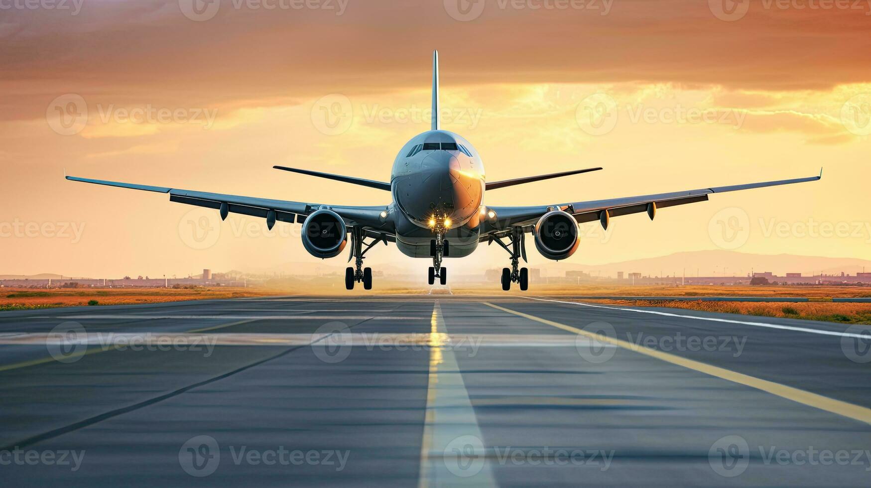 A large jetliner taking off from airport runway at sunset or dawn with the landing gear down and the landing gear down, as the plane is about to take off. Generative AI. photo