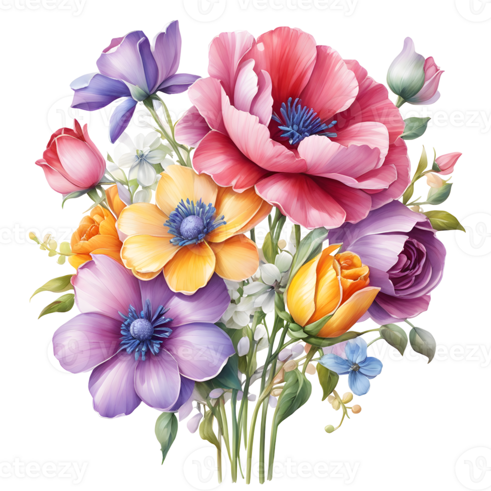 Multicolor Realistic Digital Painted Fower Bouquet, Generative AI png