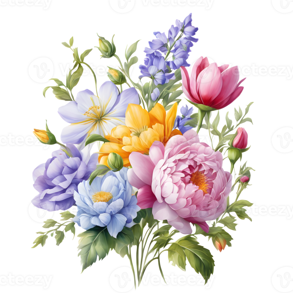 Multicolor Realistic Digital Painted Fower Bouquet, Generative AI png