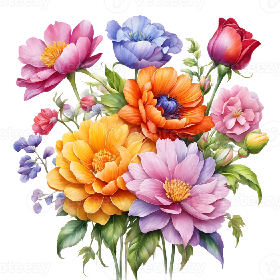 Multicolor Realistic Digital Painted Fower Bouquet, Generative AI png
