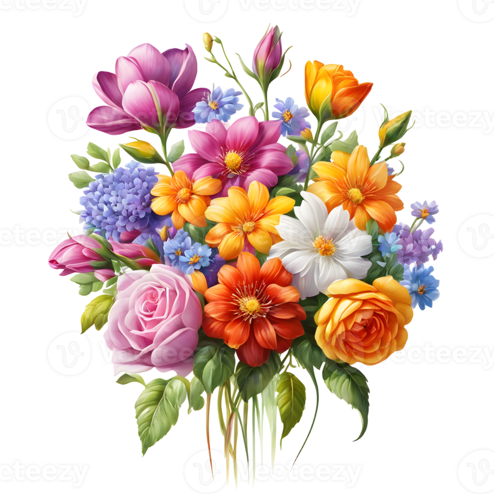 Multicolor Realistic Digital Painted Fower Bouquet, Generative AI png