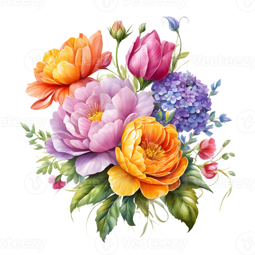 Multicolor Realistic Digital Painted Fower Bouquet, Generative AI png
