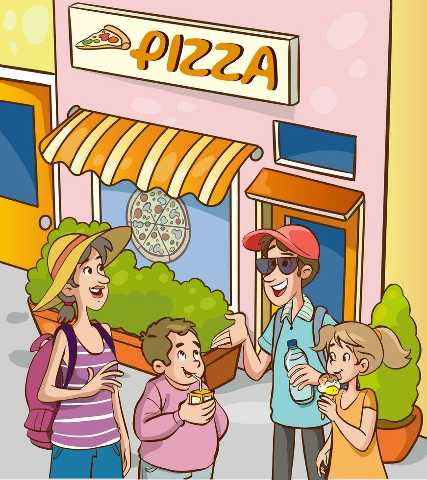 contento linda familia yendo fuera a comer Pizza vector