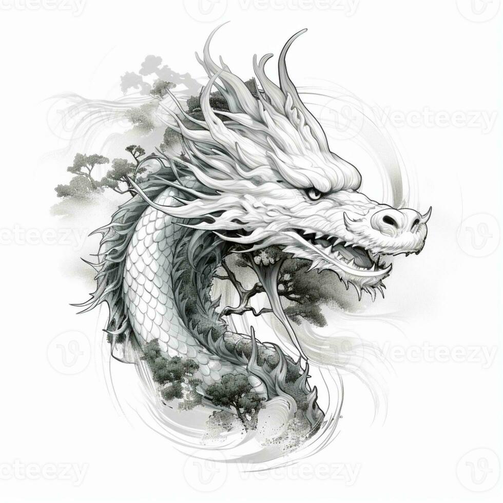 Chinese dragon. China lunar calendar animal. Black and white dragon sketch. Modern style linear design. photo