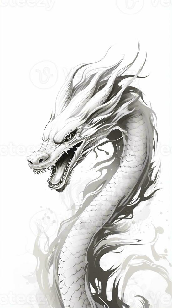 Chinese dragon. China lunar calendar animal. Black and white dragon sketch. Modern style linear design. photo