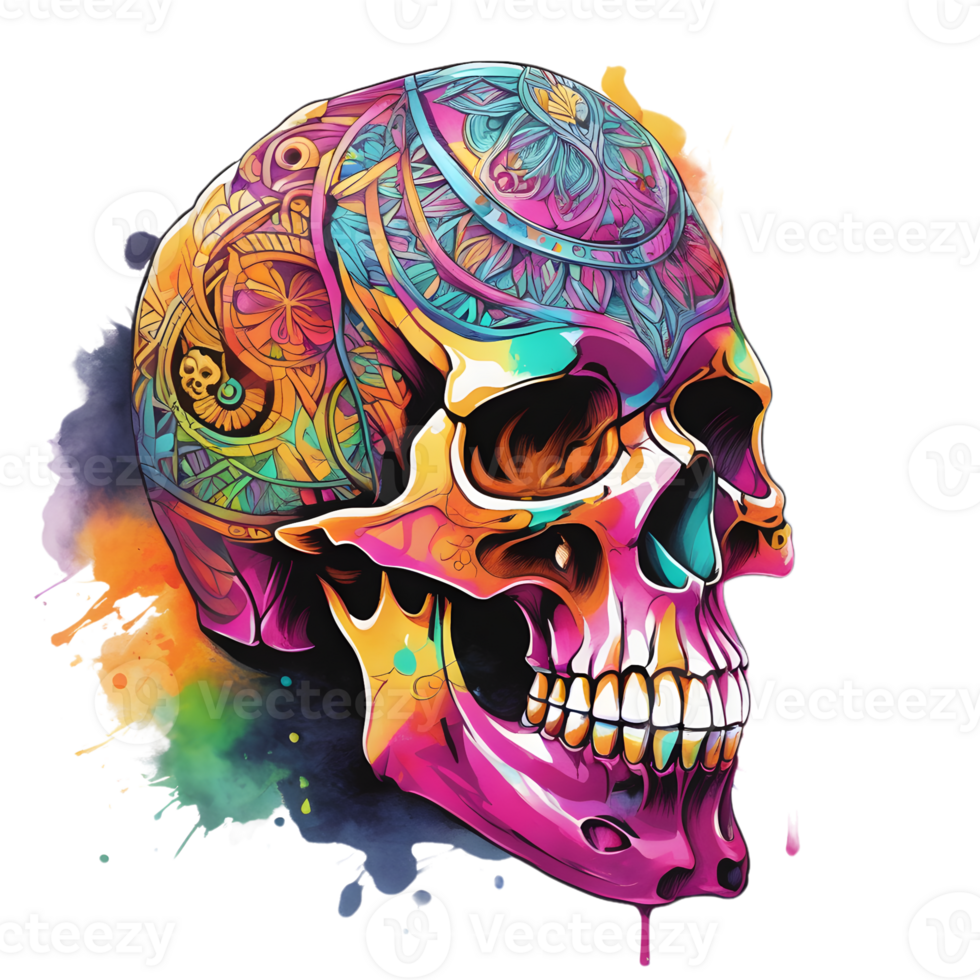 Abstract Watercolor Skull With Flowers, Watercolor Floral Skull Design For Halloween Day, Generative AI png