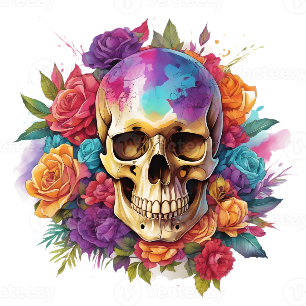 Abstract Watercolor Skull With Flowers, Watercolor Floral Skull Design For Halloween Day, Generative AI png