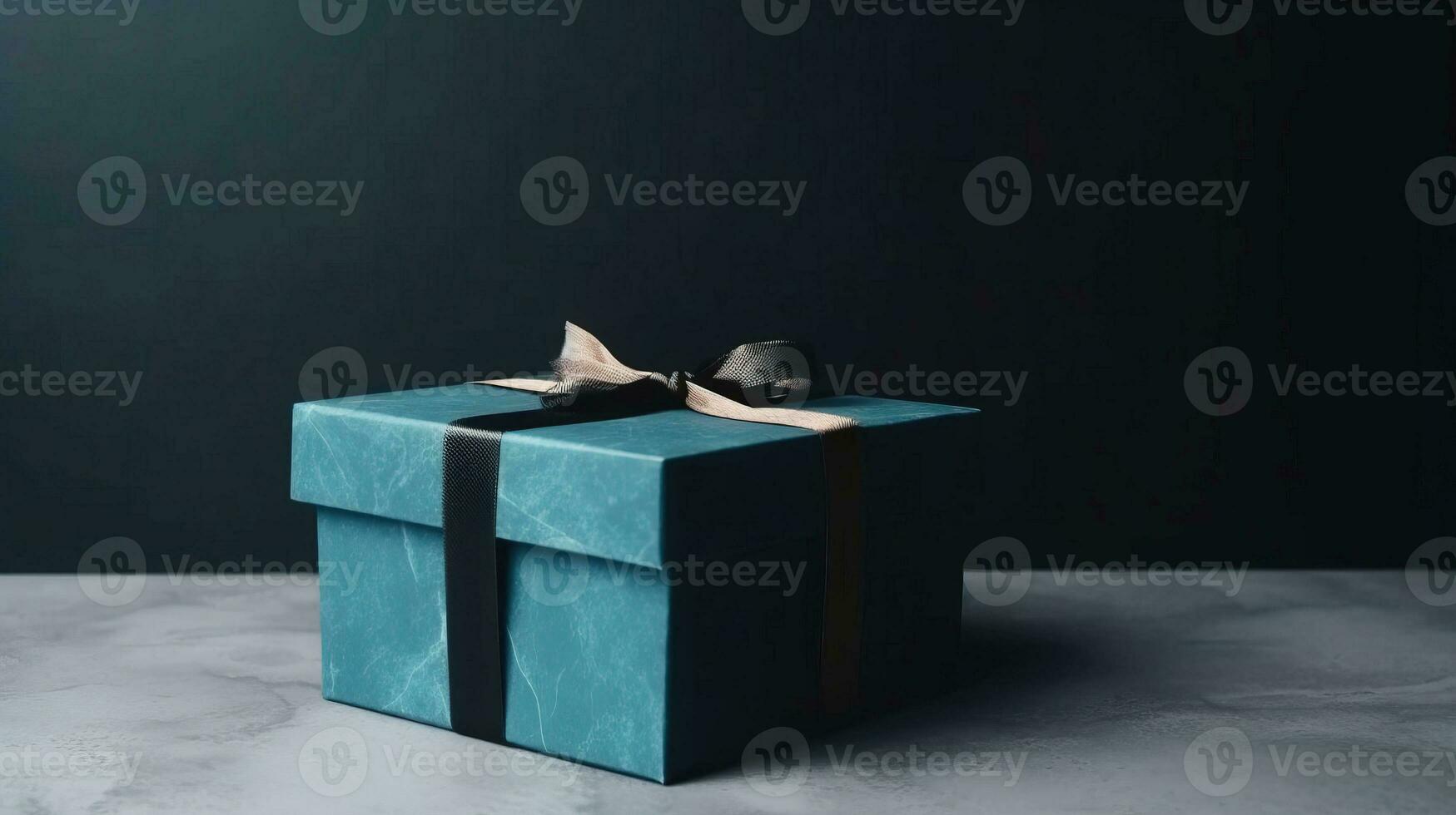 Gift blue box with a ribbon for the holiday, dark background. AI generated. photo