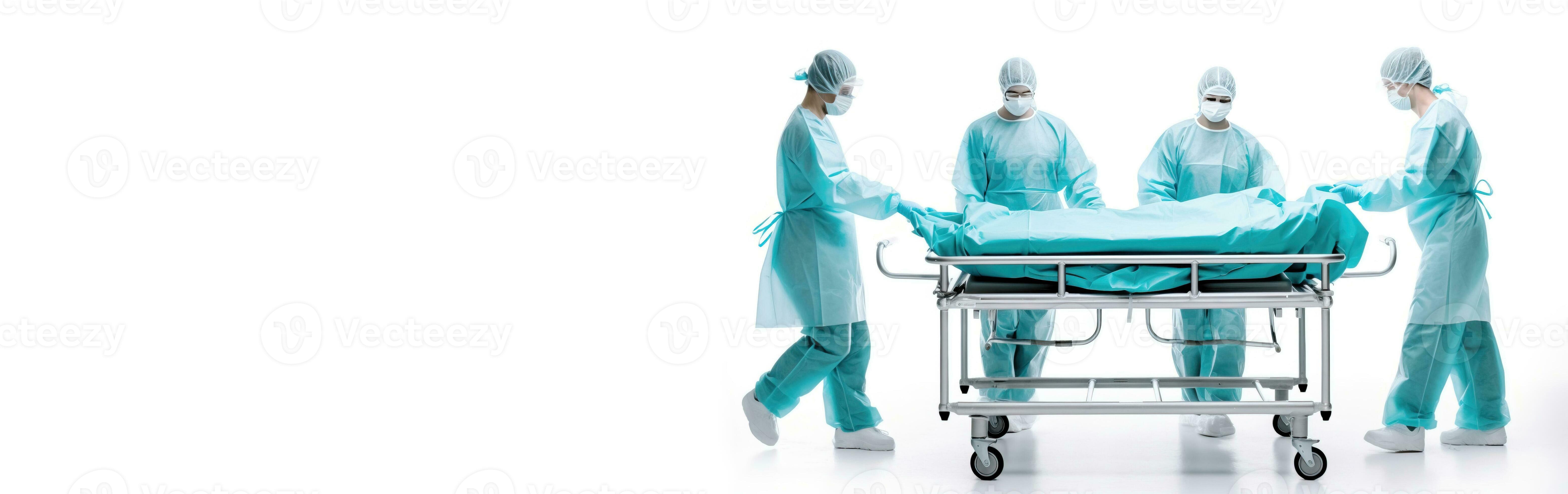 Doctors orderlies with a gurney, white background isolate. Medical