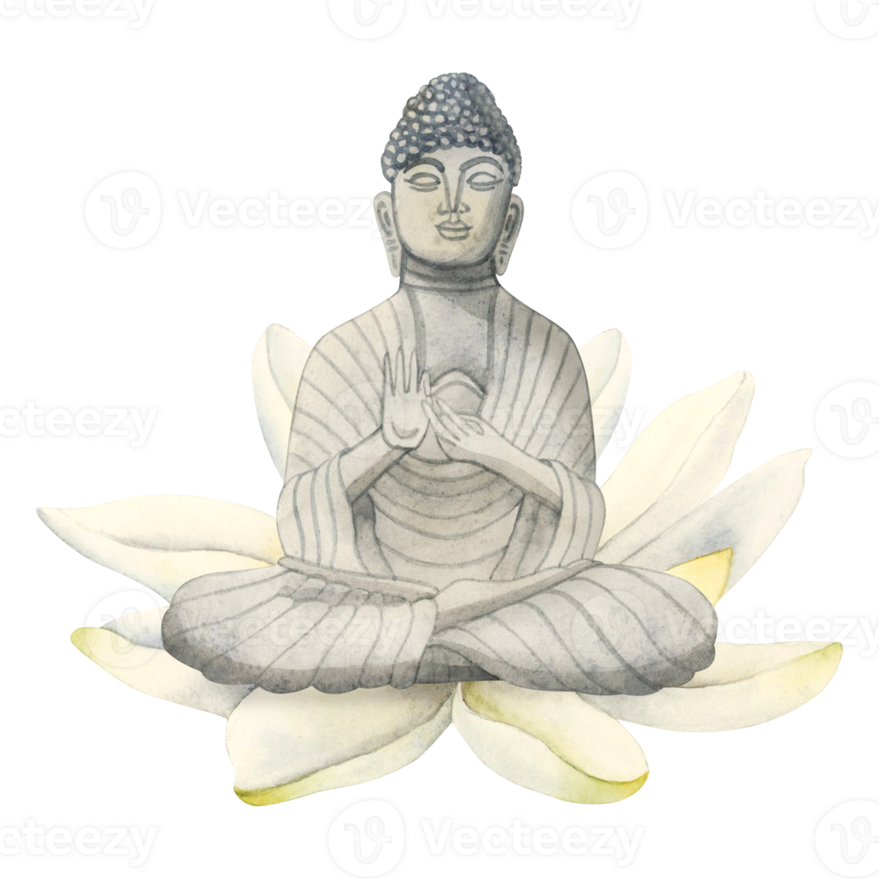 Buddha statue in lotus flower hand drawn watercolor illustration. Meditation element for yoga, buddhism and Nepal designs png